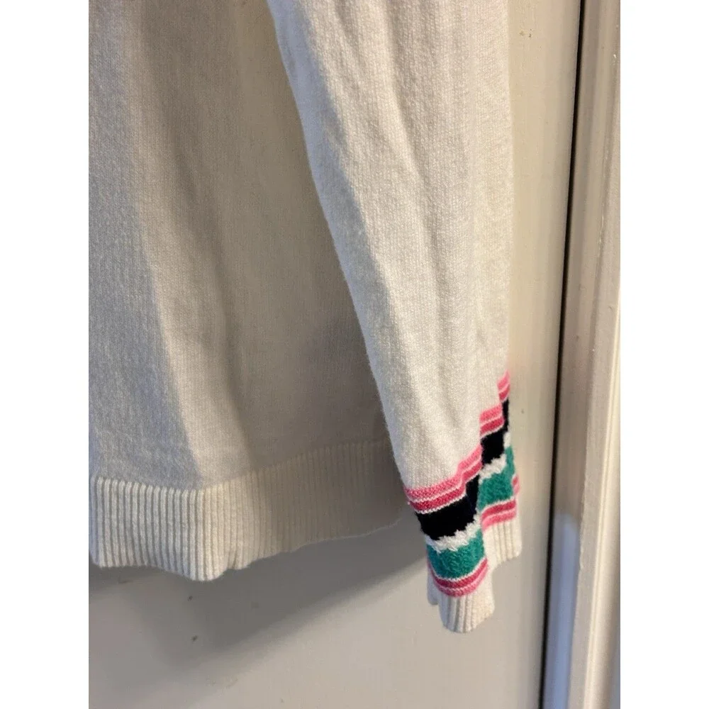 Talbots White V-Neck Sweater‎ Womens Large Pink Stripe Trim Cotton Blend
